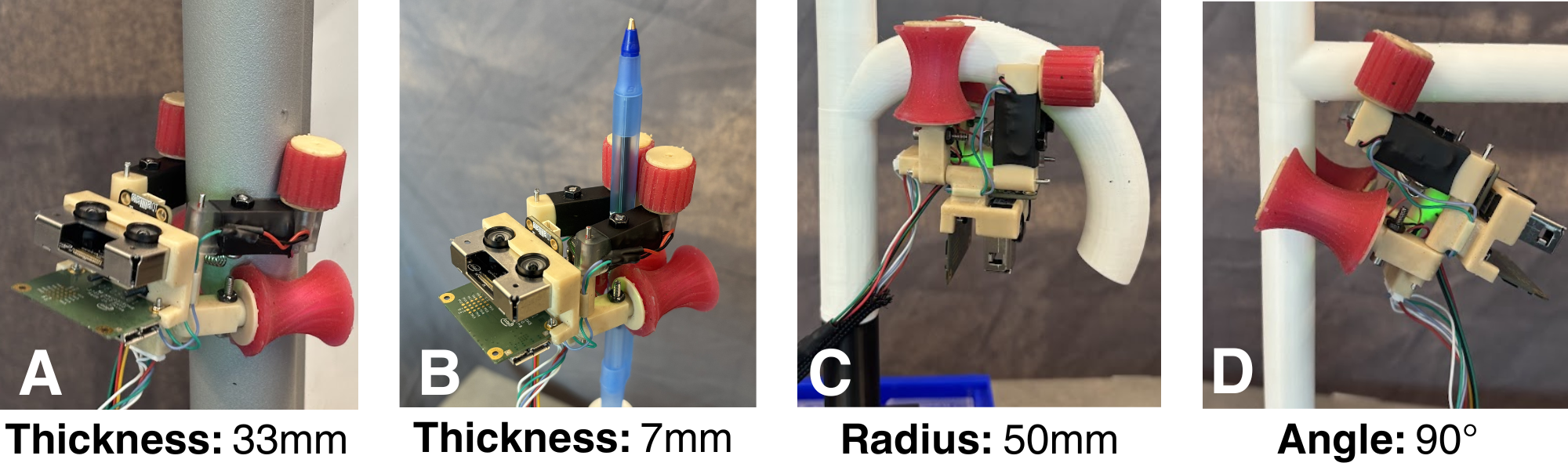 STEMbot traversing a 33 millimeter frame, a 7 millimeter pen, a 50 millimeter radius curve, and a 90 degree branch.